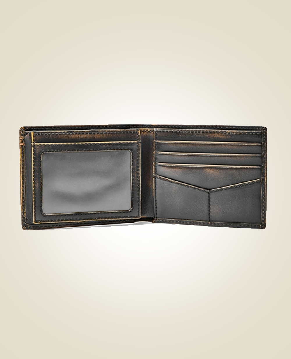 Vintage Black Leather Bi-Fold Wallet with ID Window